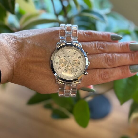 MICHAEL KORS WOMEN'S CHRONOGRAPH CLEAR ACRYLIC WATCH MK5235 - Picture 1 of 5